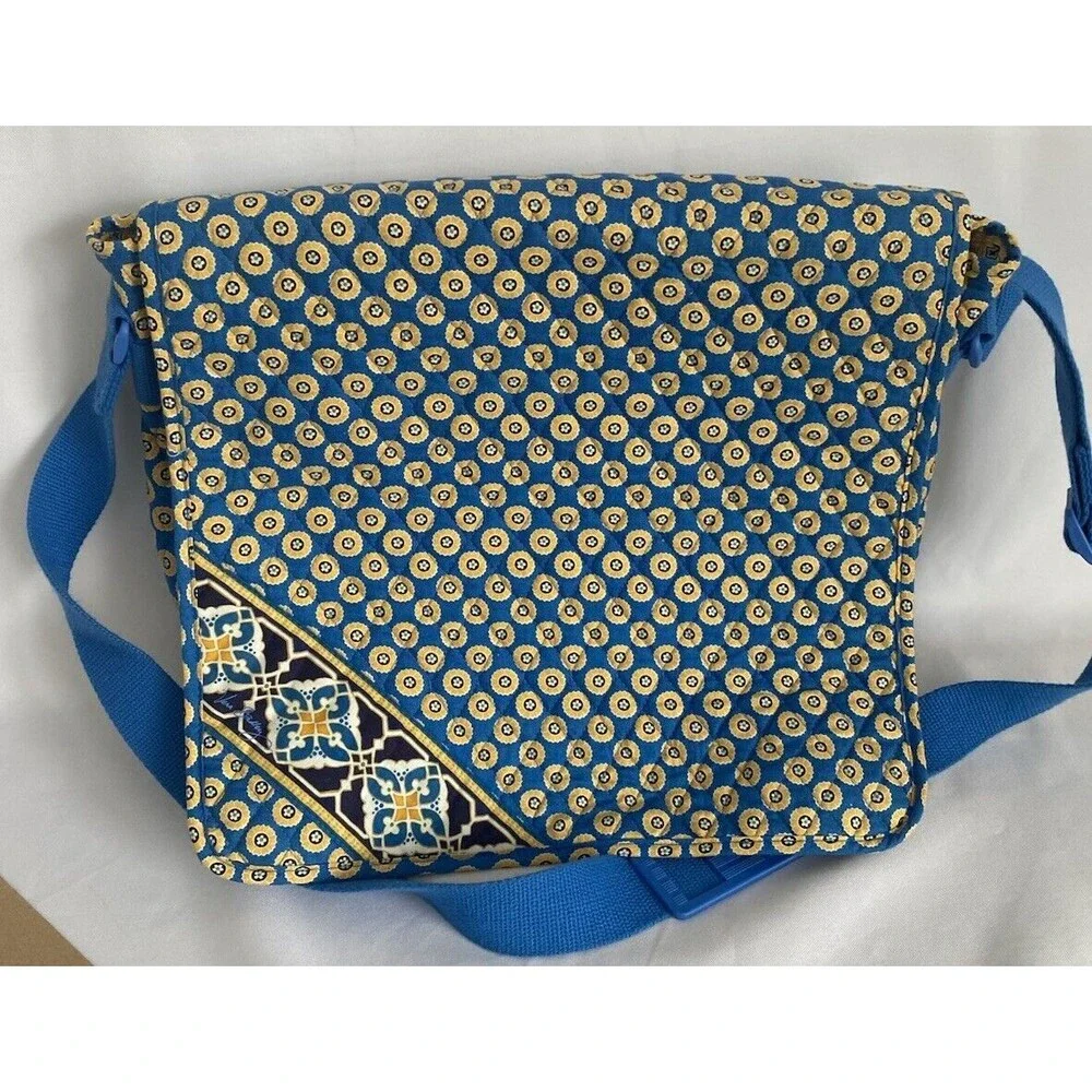 Vera Bradley Riviera Blue Yellow Floral Large Messenger Laptop Crossbody Bag